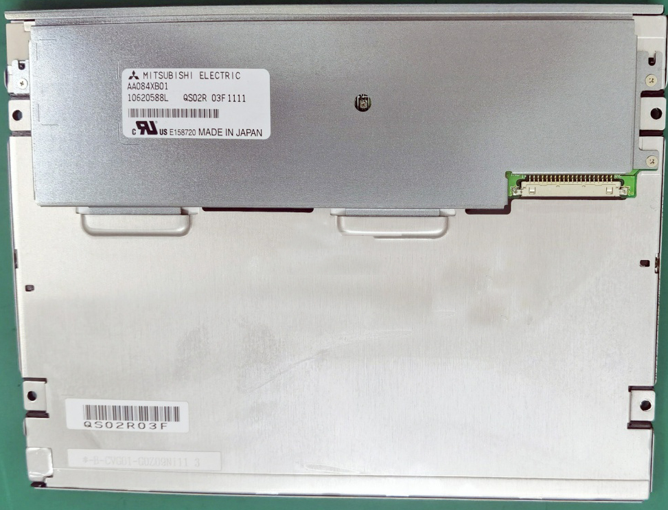 AA084XB01 rear-view reference with manufacturer label and connector