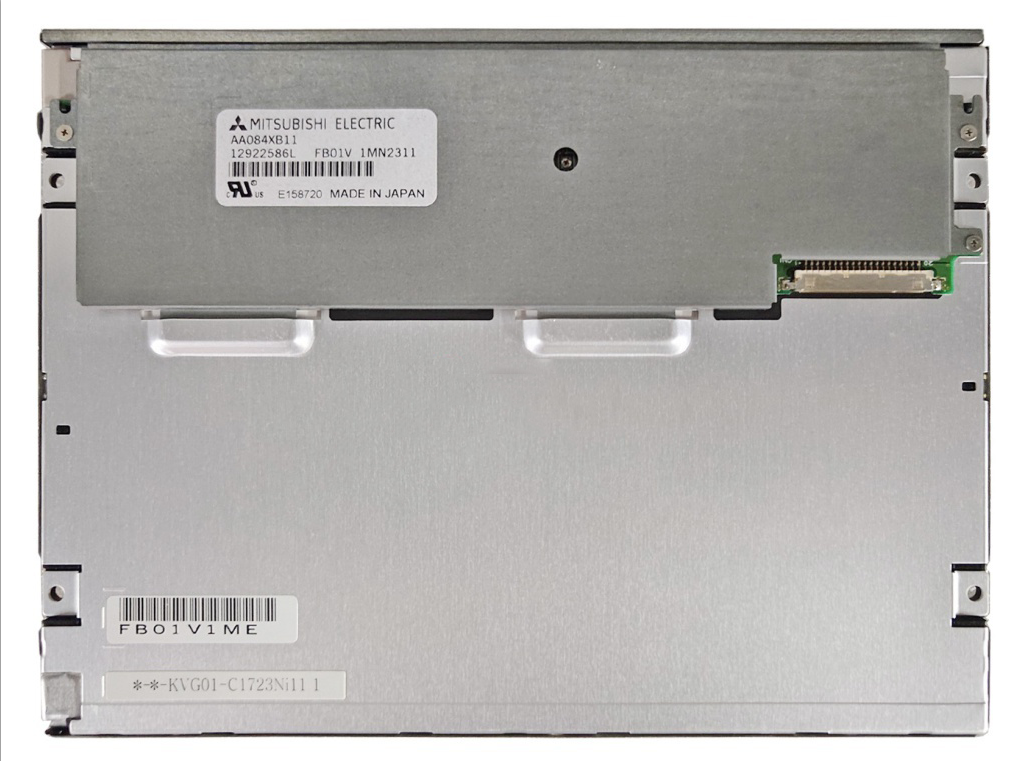 AA084XB11 rear-view reference with manufacturer label and connector