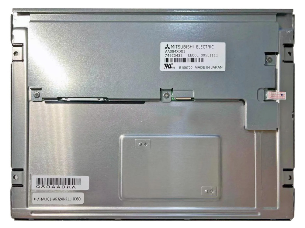 AA084XD01 rear-view reference with manufacturer label and connector