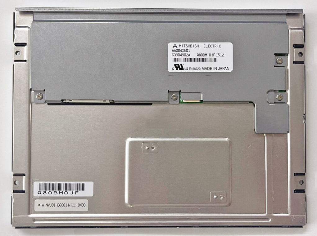 AA084XE01 rear-view reference with manufacturer label and connector
