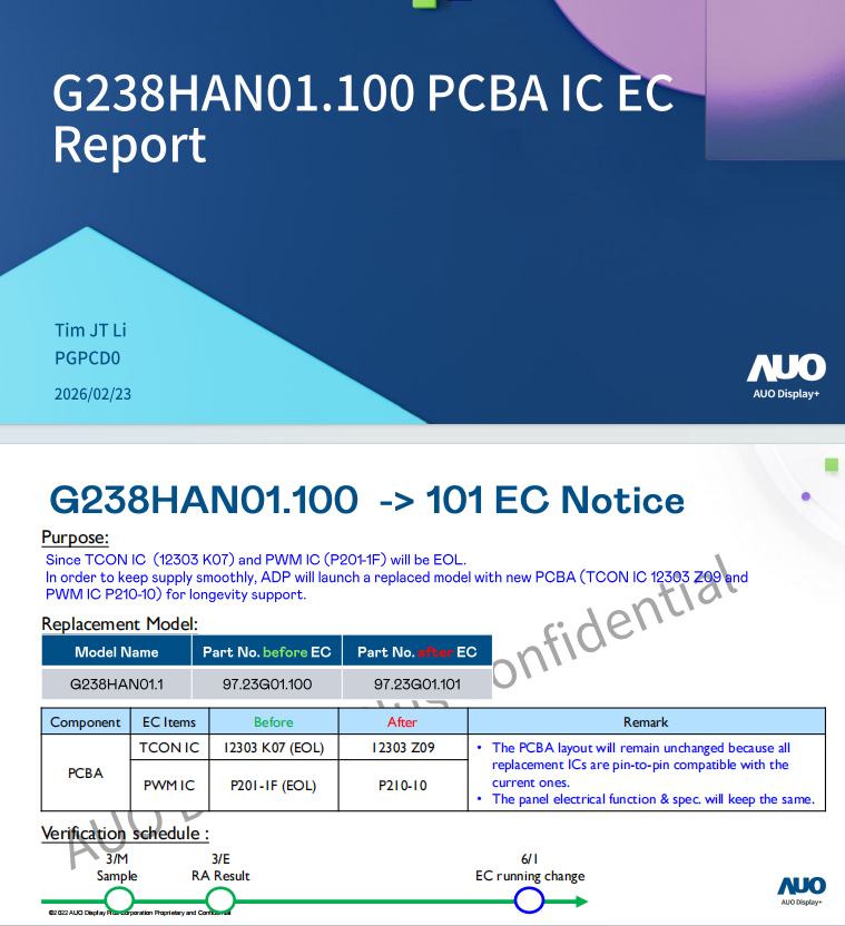 AU ADP releases PCBA IC engineering change (EC) for G238HAN01.1 model